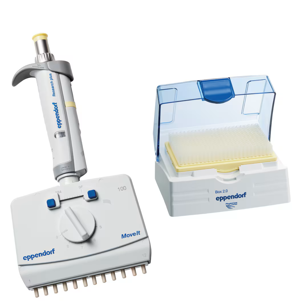 3125000141 Eppendorf Research plus Move It 可调间距手动移液器, 12通道, 5–100ul, 淡黄色 - Eppendorf/艾本德