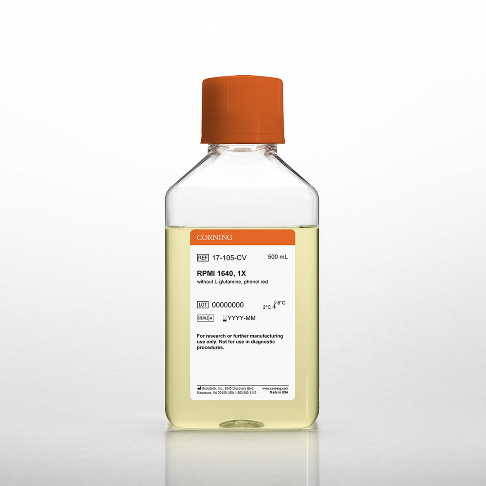 17-105-CV RPMI 1640培养基，不含L-谷氨酰胺，含酚红 ，500mL， - Corning/康宁